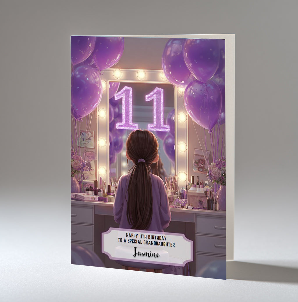 11th Birthday Card For Girls, Granddaughter, Niece, Daughter, Friend, Teenager, Personalised, Dressing Table, Brown Hair, A5 in size,