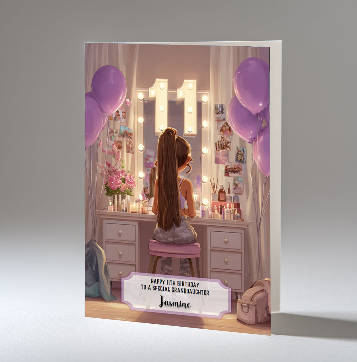 Personalised 11th Birthday Card - Girl at a Dressing Table with Number Lights