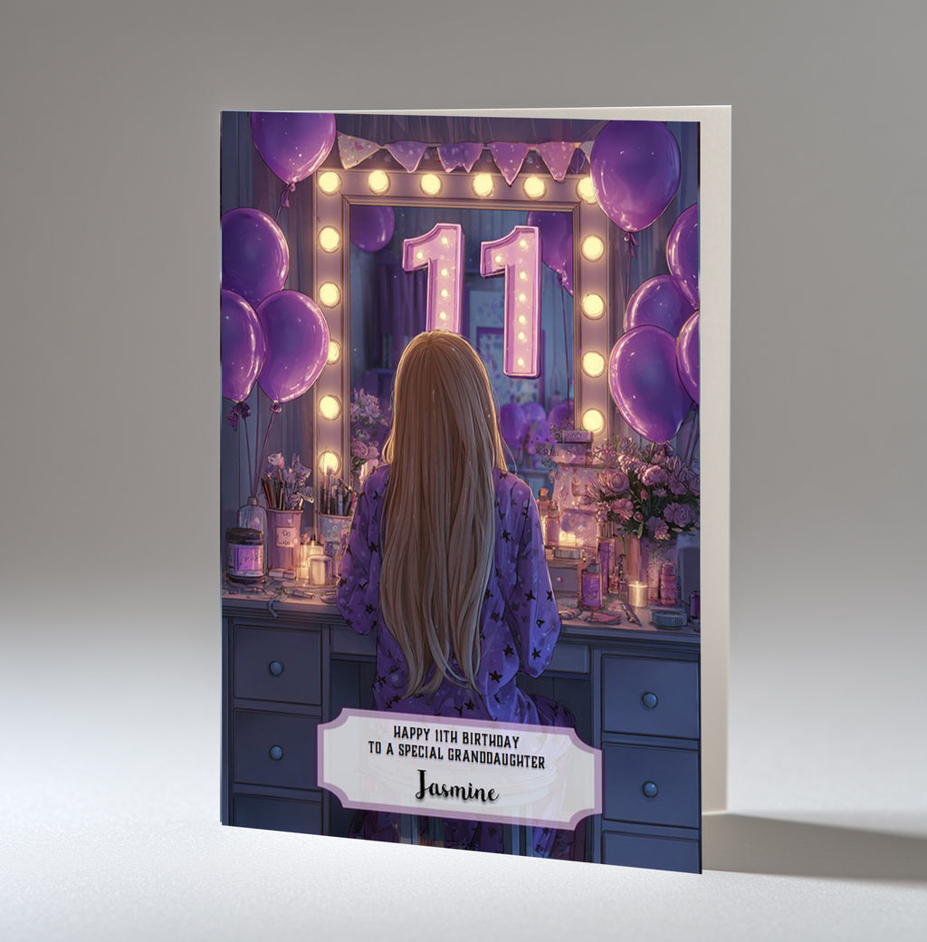 11th Birthday Card For Girls, Granddaughter, Niece, Daughter, Friend, Teenager, Personalised, Dressing Table, Blonde Hair, A5 in size,