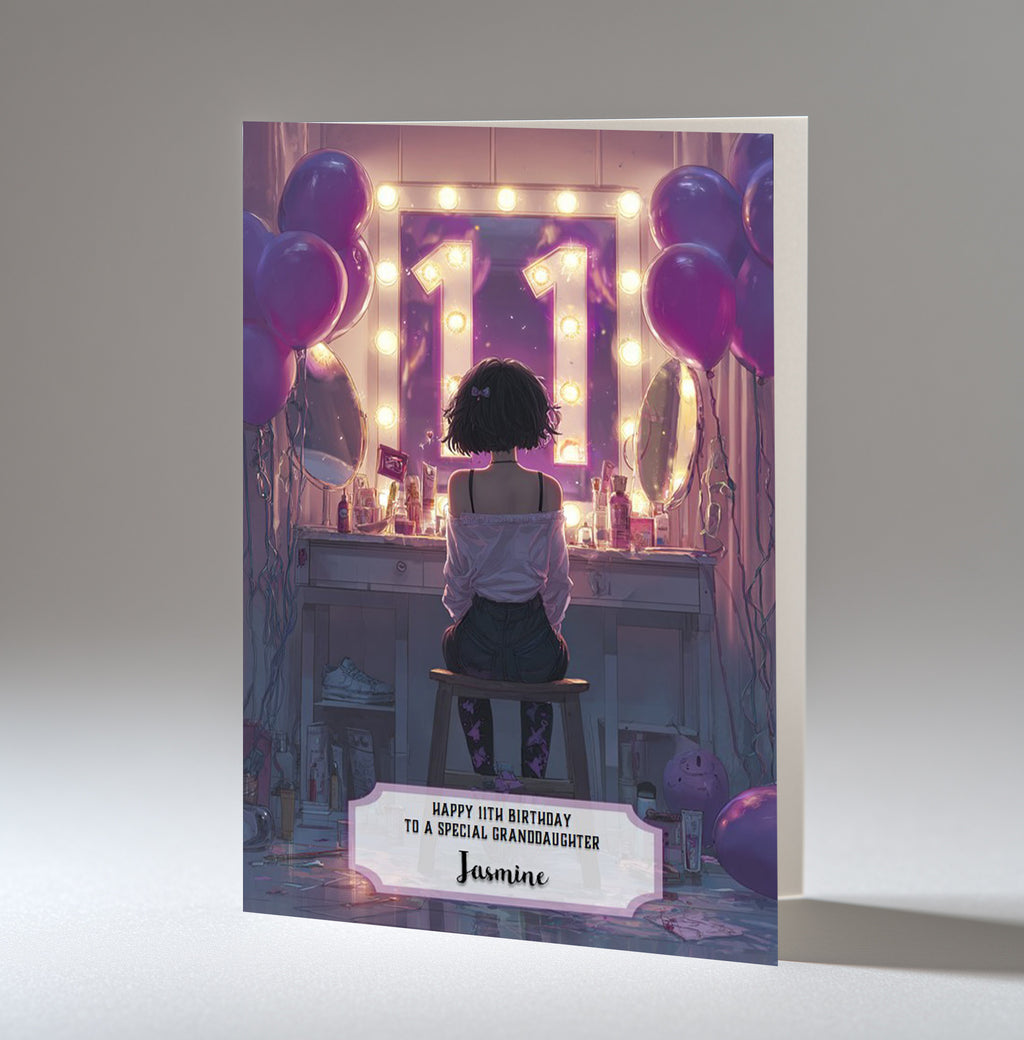 11th Birthday Card For Girls, Granddaughter, Niece, Daughter, Friend, Teenager, Personalised, Dressing Table, Black Hair, A5 in size,