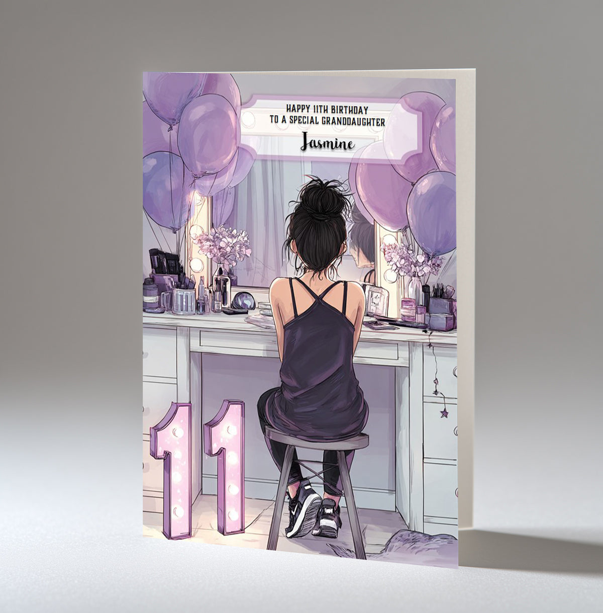 11th Birthday Card For Girls, Granddaughter, Niece, Daughter, Friend, Teenager, Personalised, Dressing Table, Black Hair, A5 in size,