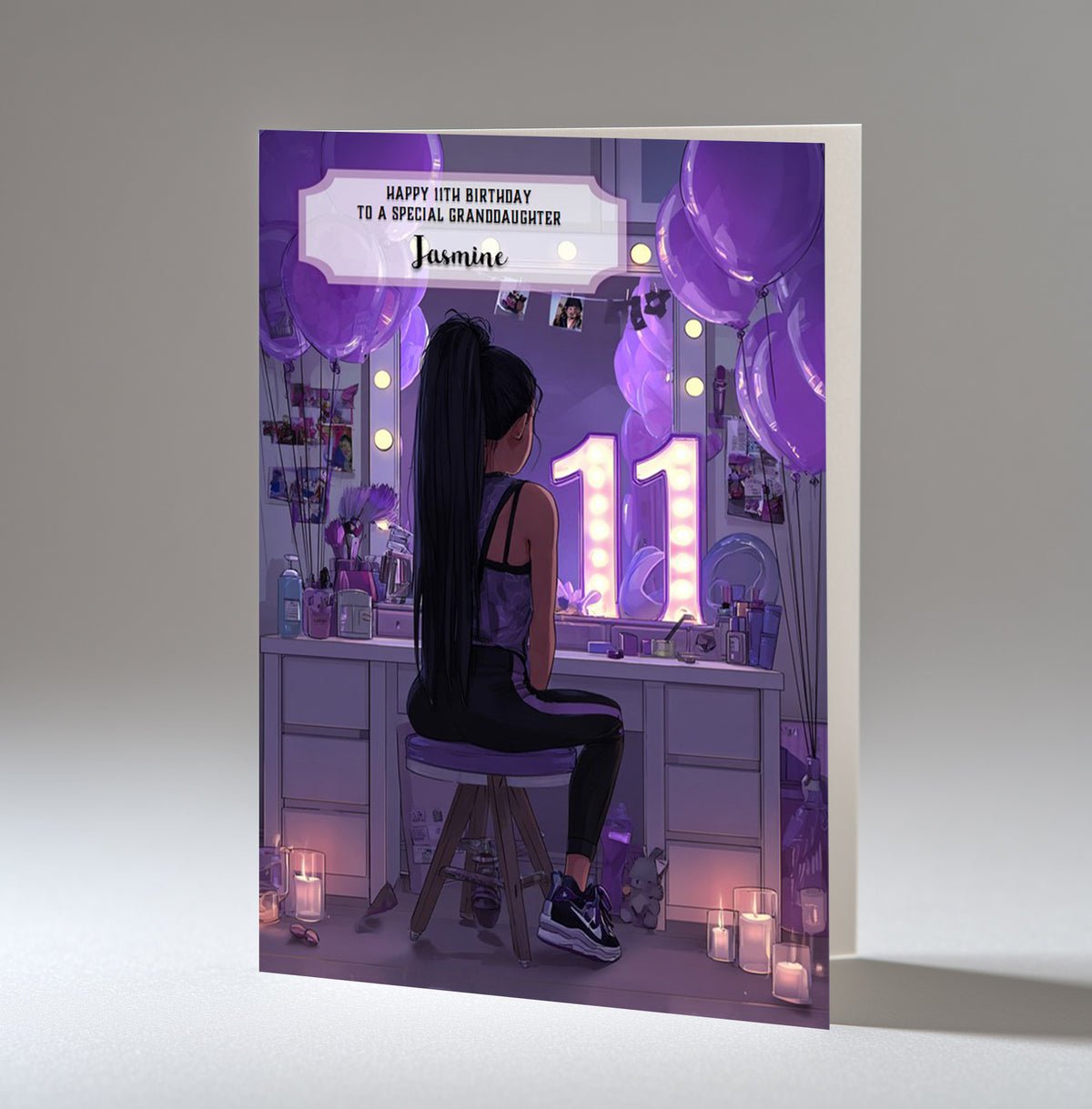 11th Birthday Card For Girls, Daughter, Granddaughter, Niece, Black Hair, A5 Size,