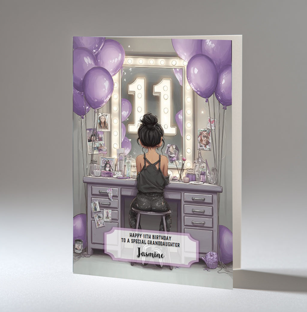 11th Birthday Card For Girls, Daughter, Granddaughter, Niece, Black Hair, A5 Size,