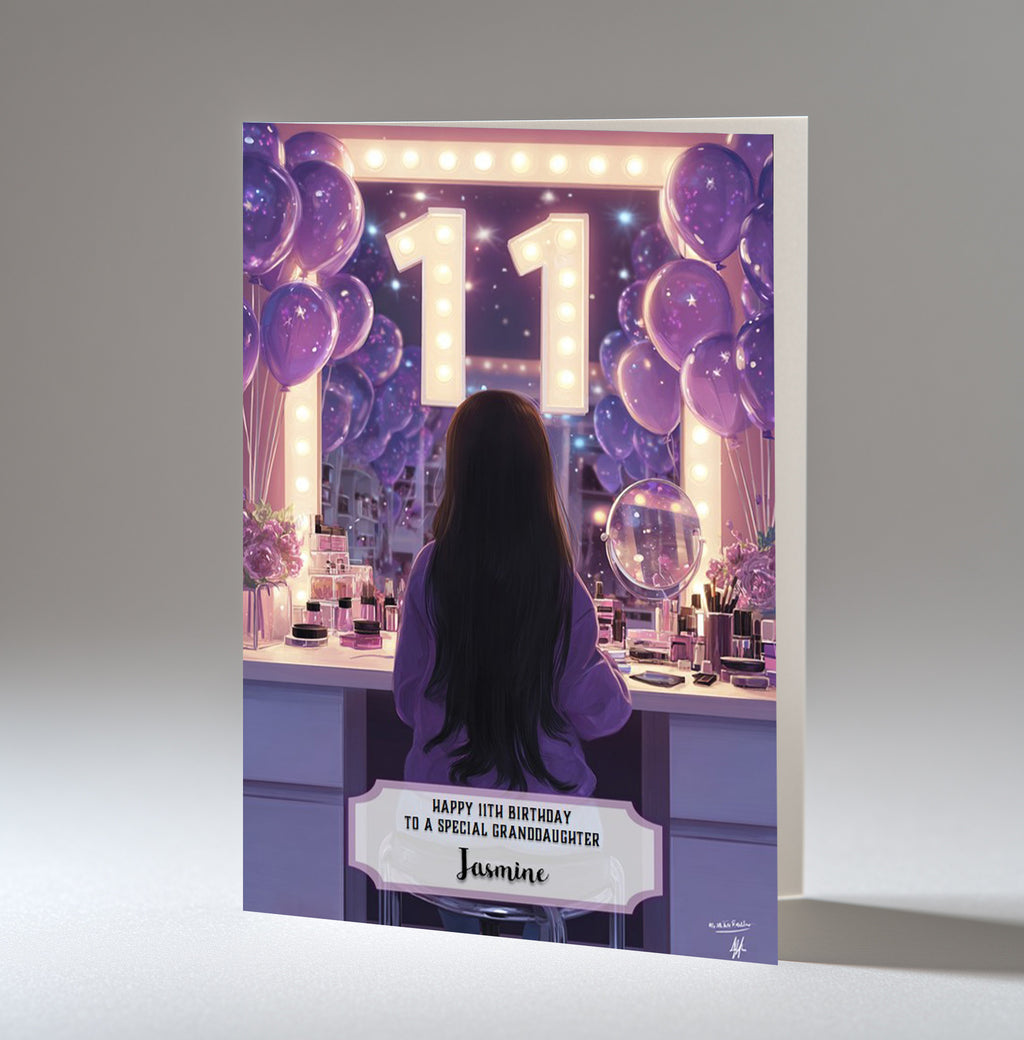11th Birthday Card For Girls, Daughter, Granddaughter, Niece, Black Hair, A5 Size,
