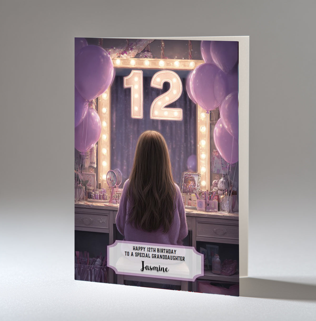 Personalised 12th Birthday Card - Girl at a Dressing Table with Number Lights