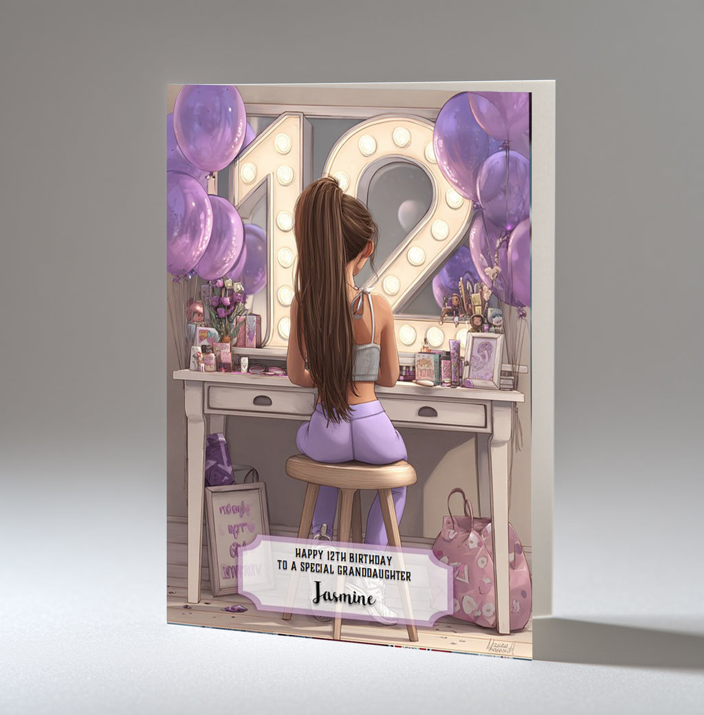 12th Birthday Card For Girls, Daughter, Granddaughter, Niece, Brown Hair, A5 Size,