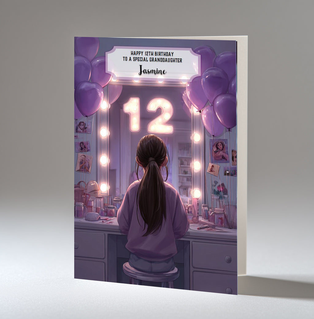 12th Birthday Card For Girls, Granddaughter, Niece, Daughter, Friend, Teenager, Personalised, Dressing Table, Brown Hair, A5 in size,