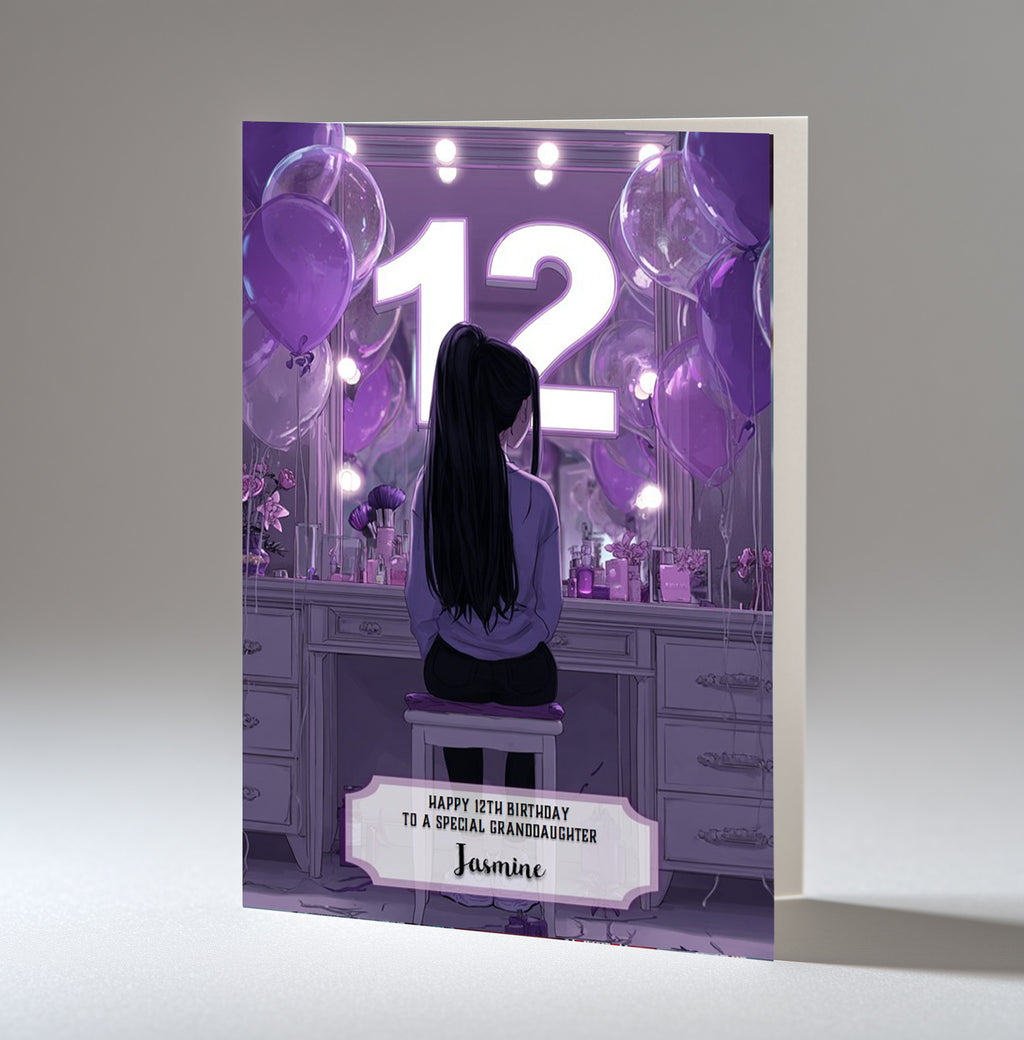 12th Birthday Card For Girls, Granddaughter, Niece, Daughter, Friend, Teenager, Personalised, Dressing Table, Black Hair, A5 in size,