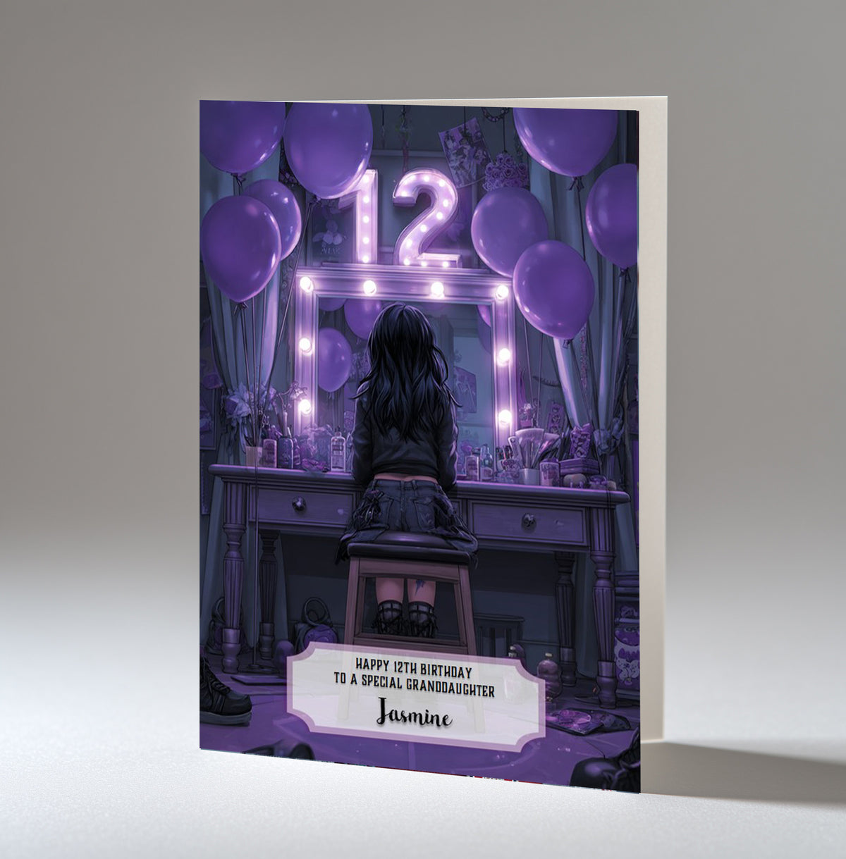 12th Birthday Card For Girls, Granddaughter, Niece, Daughter, Friend, Teenager, Personalised, Dressing Table, Black Hair, A5 in size,