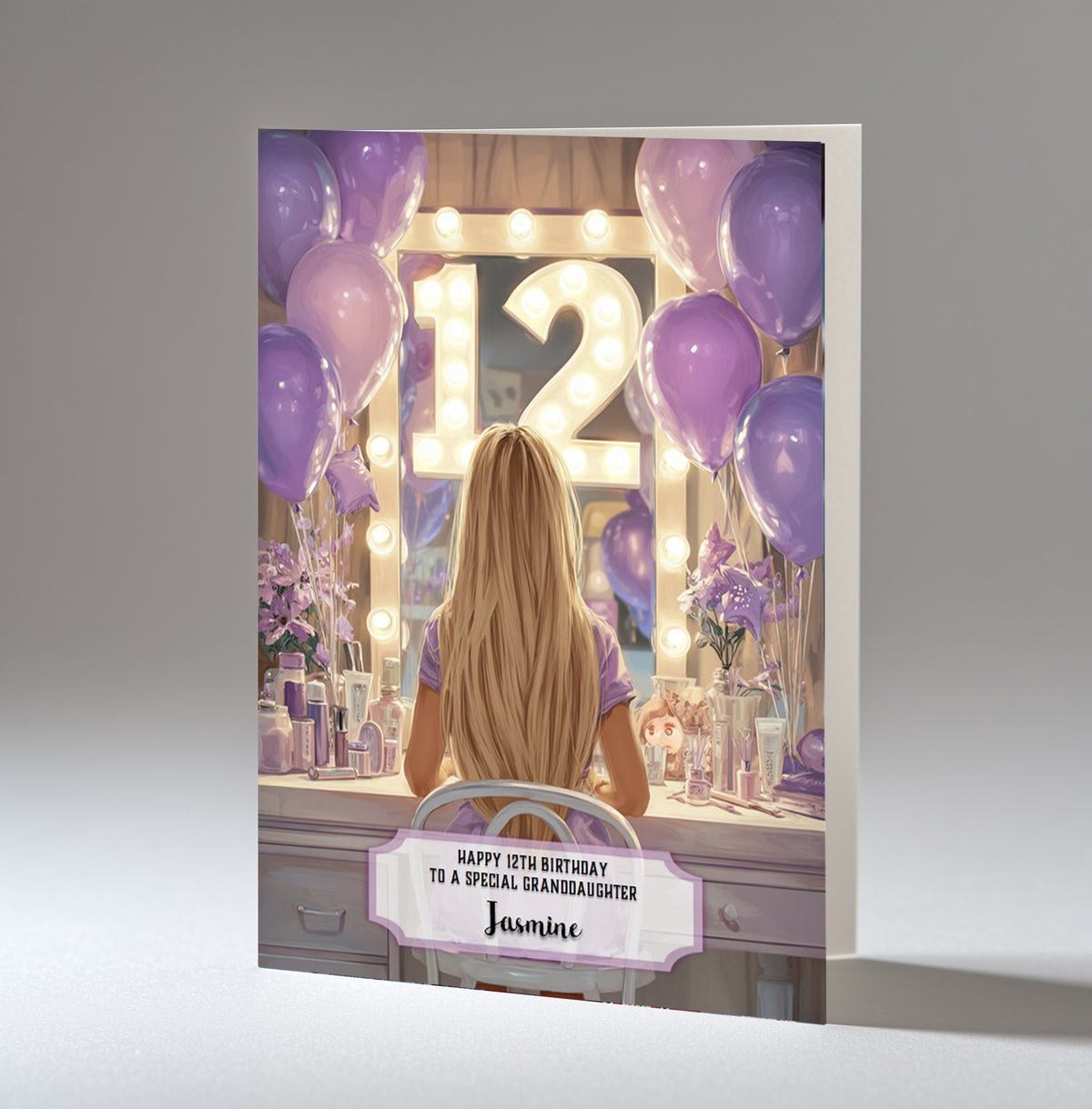 12th Birthday Card For Girls, Granddaughter, Niece, Daughter, Friend, Teenager, Personalised, Dressing Table, Blonde Hair, A5 in size,