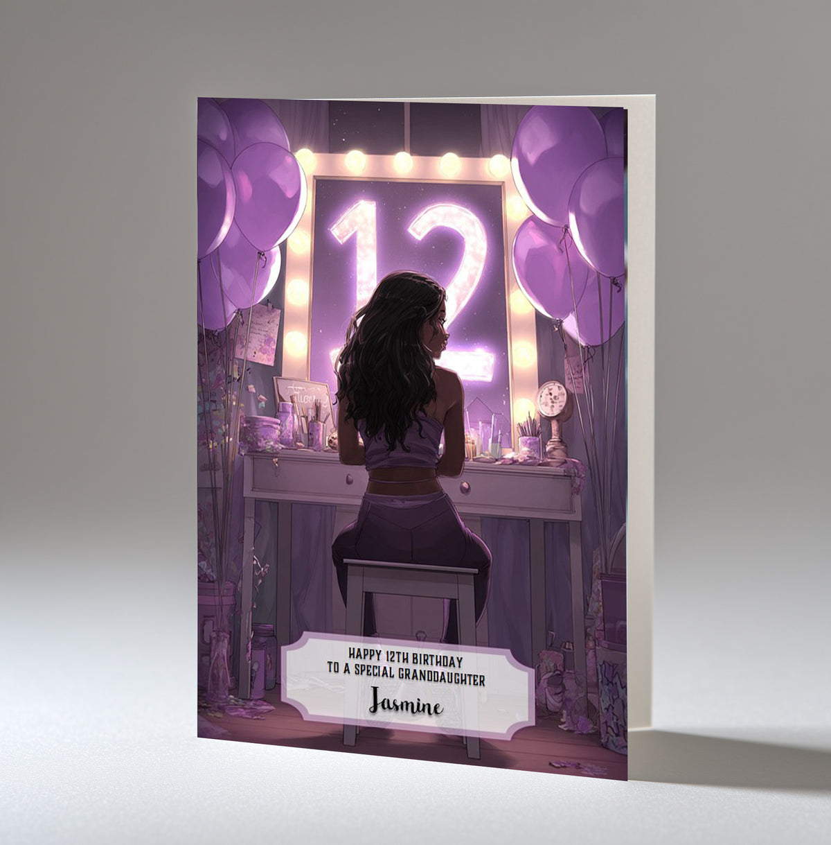 12th Birthday Card For Girls, Granddaughter, Niece, Daughter, Friend, Teenager, Personalised, Dressing Table, Black Hair, A5 in size,