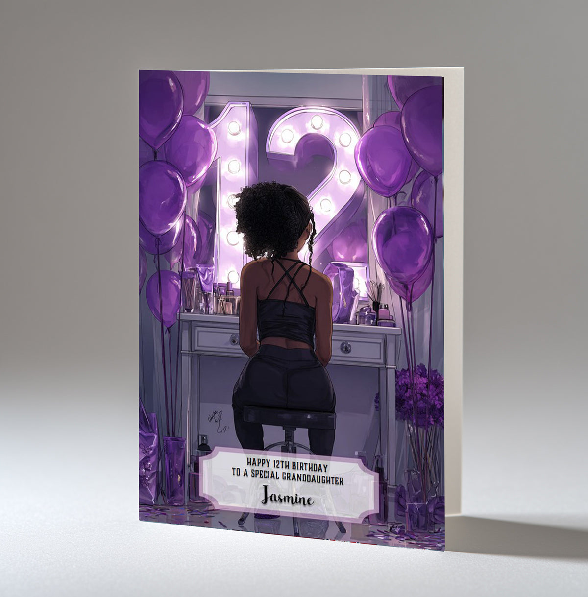 12th Birthday Card For Girls, Granddaughter, Niece, Daughter, Friend, Teenager, Personalised, Dressing Table, Black Hair, A5 in size,