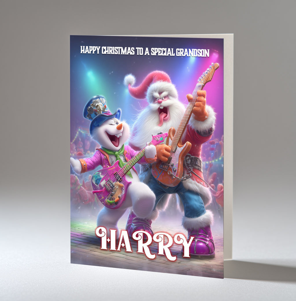 Personalised Christmas Card For Grandson, Granddaughter, Son, Daughter, Nephew, Niece, Brother, Friend, Santa Plays Guitar Music