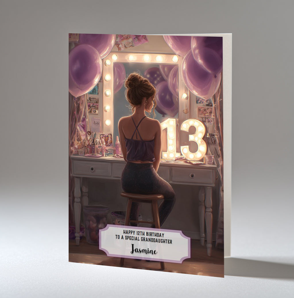 13th Birthday Card For Girls, Granddaughter, Niece, Daughter, Friend, Teenager, Personalised, Dressing Table, Brown Hair, A5 in size,
