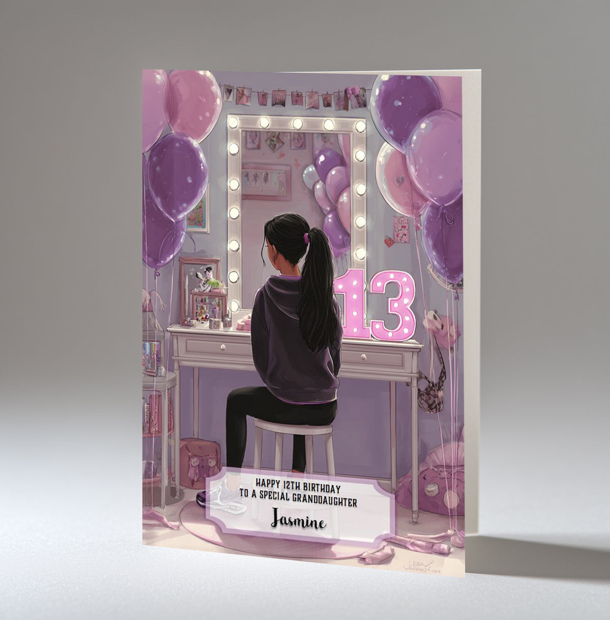 13th Birthday Card Girl, Granddaughter, Daughter Niece, Black Hair A5 Size