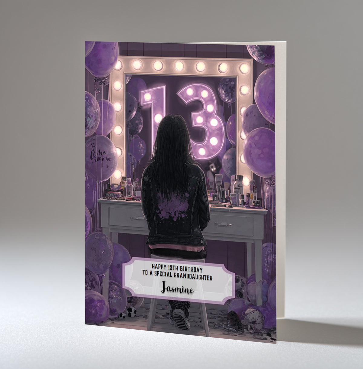 13th Birthday Card For Girls, Granddaughter, Niece, Daughter, Friend, Teenager, Personalised, Dressing Table, Black Hair, A5 in size,