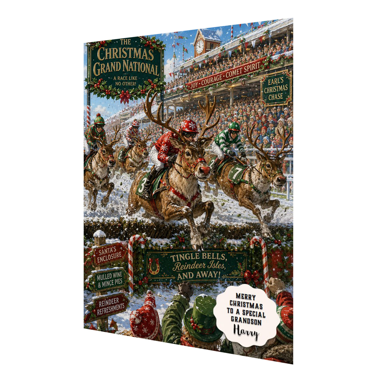 Personalised Christmas Card - Reindeer Horse Racing Scene