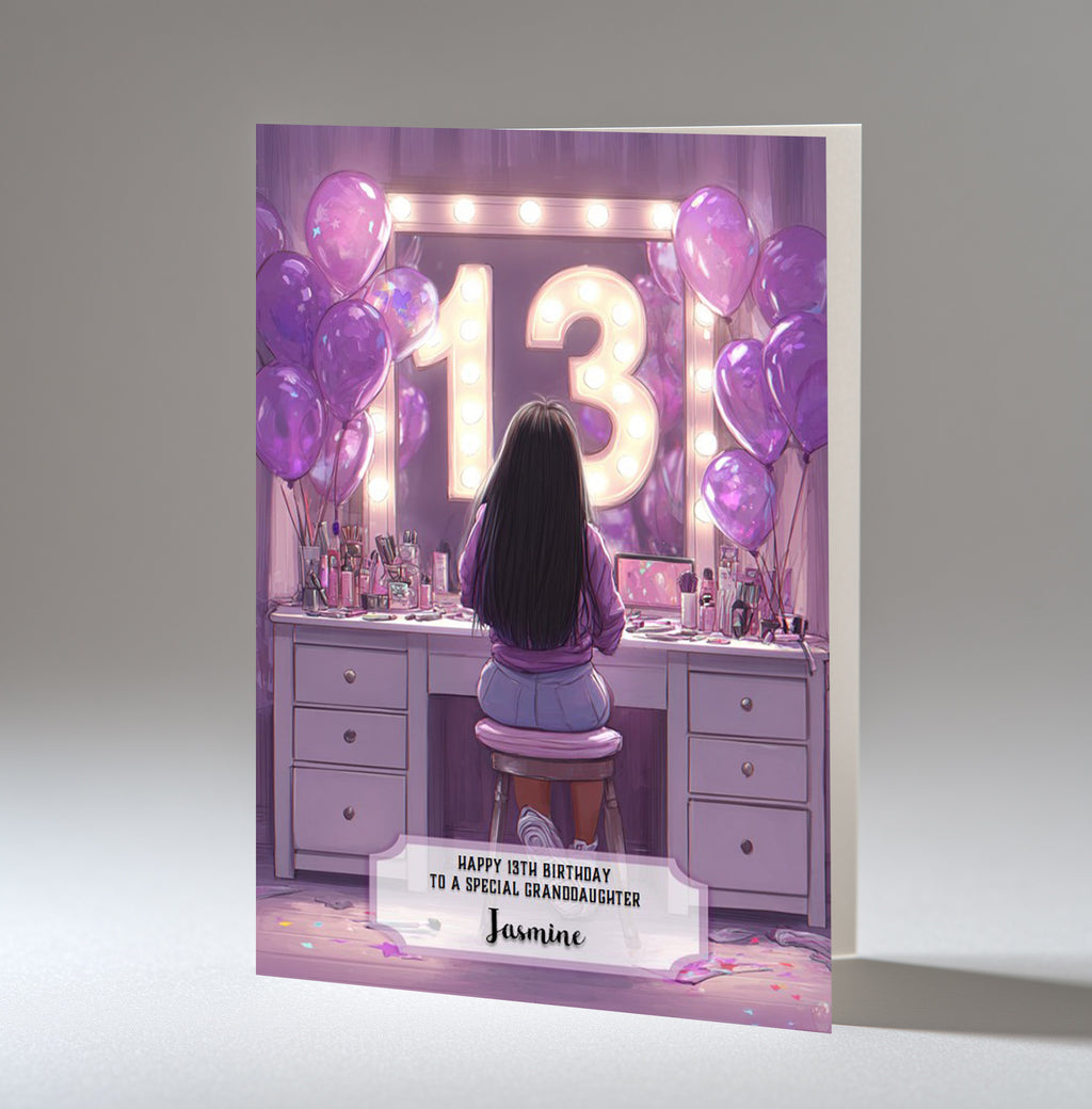 13th Birthday Card For Girls, Granddaughter, Niece, Daughter, Friend, Teenager, Personalised, Dressing Table, Black Hair, A5 in size,