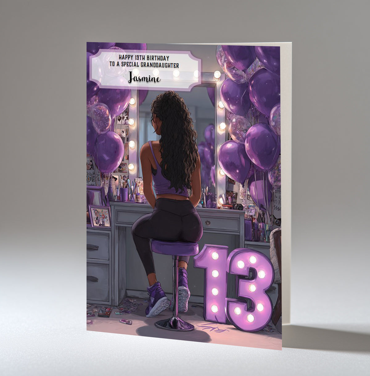 13th Birthday Card For Girls, Granddaughter, Niece, Daughter, Friend, Teenager, Personalised, Dressing Table, Black Hair, A5 in size,