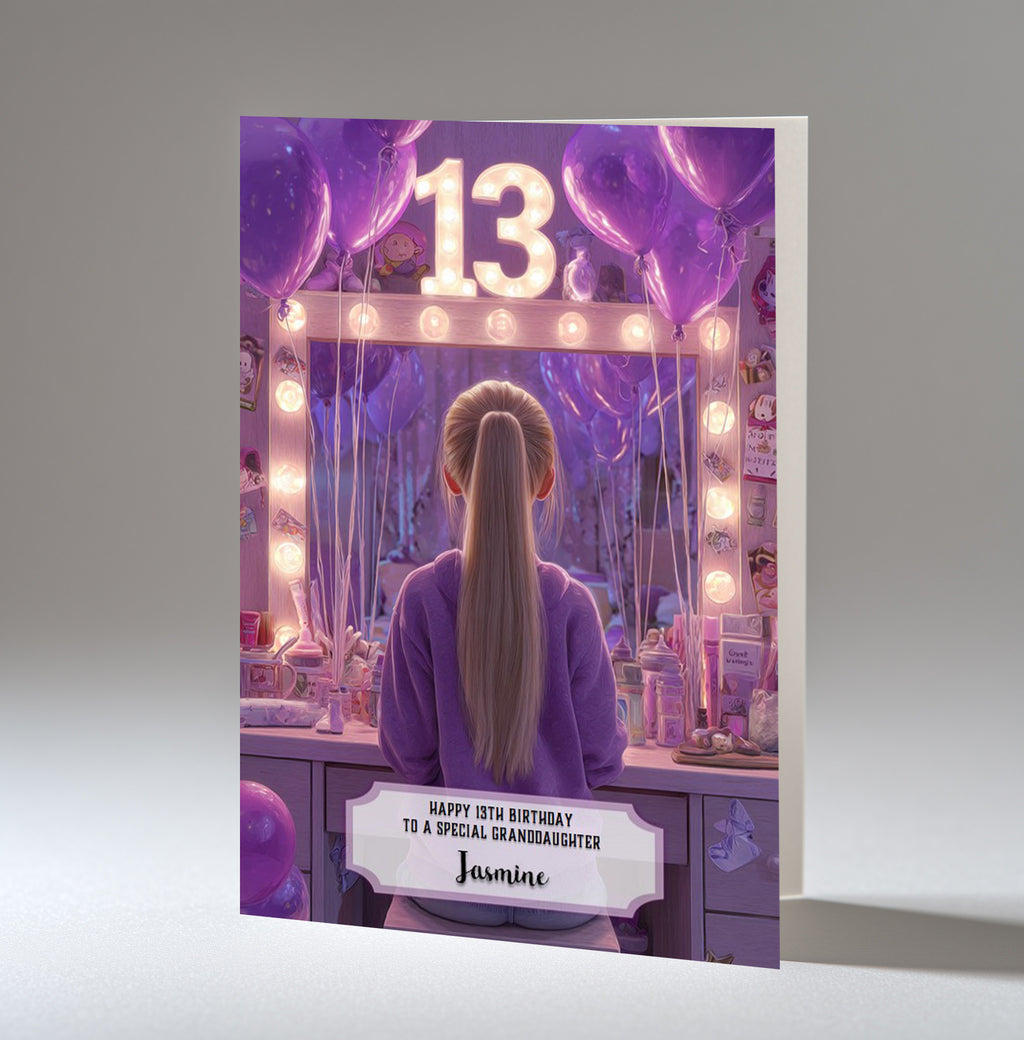 13th Birthday Card For Girls, Granddaughter, Niece, Daughter, Friend, Teenager, Personalised, Dressing Table, Blonde Hair, A5 in size,