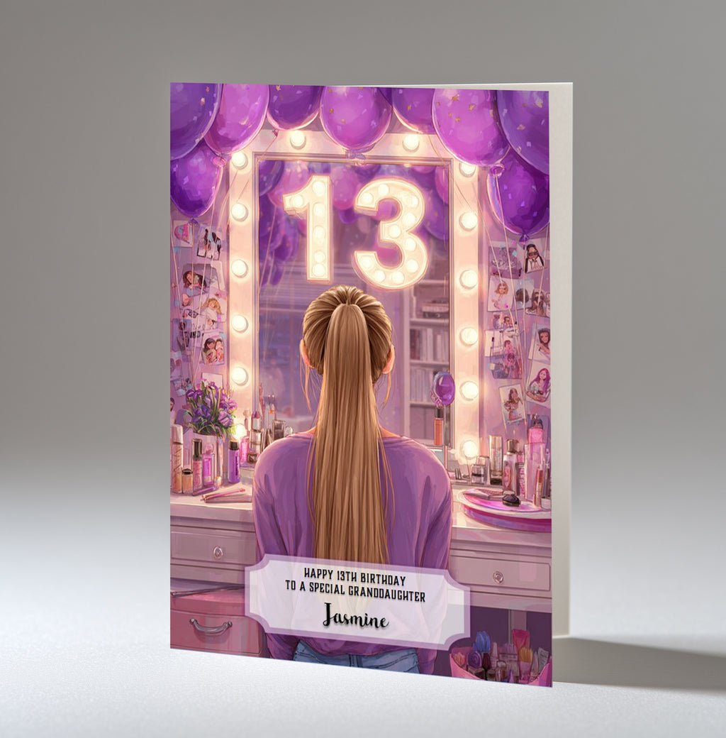 13th Birthday Card For Girls, Granddaughter, Niece, Daughter, Friend, Teenager, Personalised, Dressing Table, Blonde Hair, A5 in size,