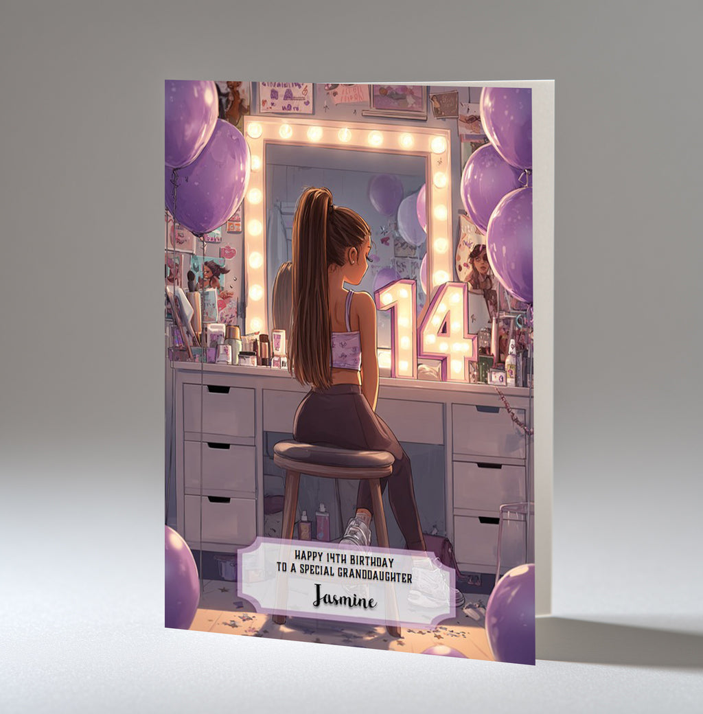 14th Birthday Card For Girls, Granddaughter, Niece, Daughter, Friend, Teenager, Personalised, Dressing Table, Brown Hair, A5 in size,