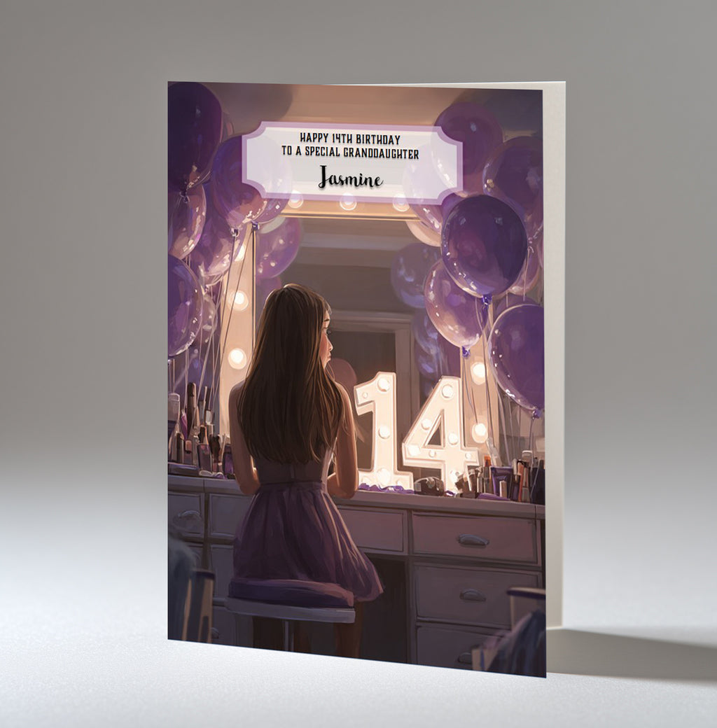 14th Birthday Card For Girls, Granddaughter, Niece, Daughter, Friend, Teenager, Personalised, Dressing Table, Brown Hair, A5 in size,