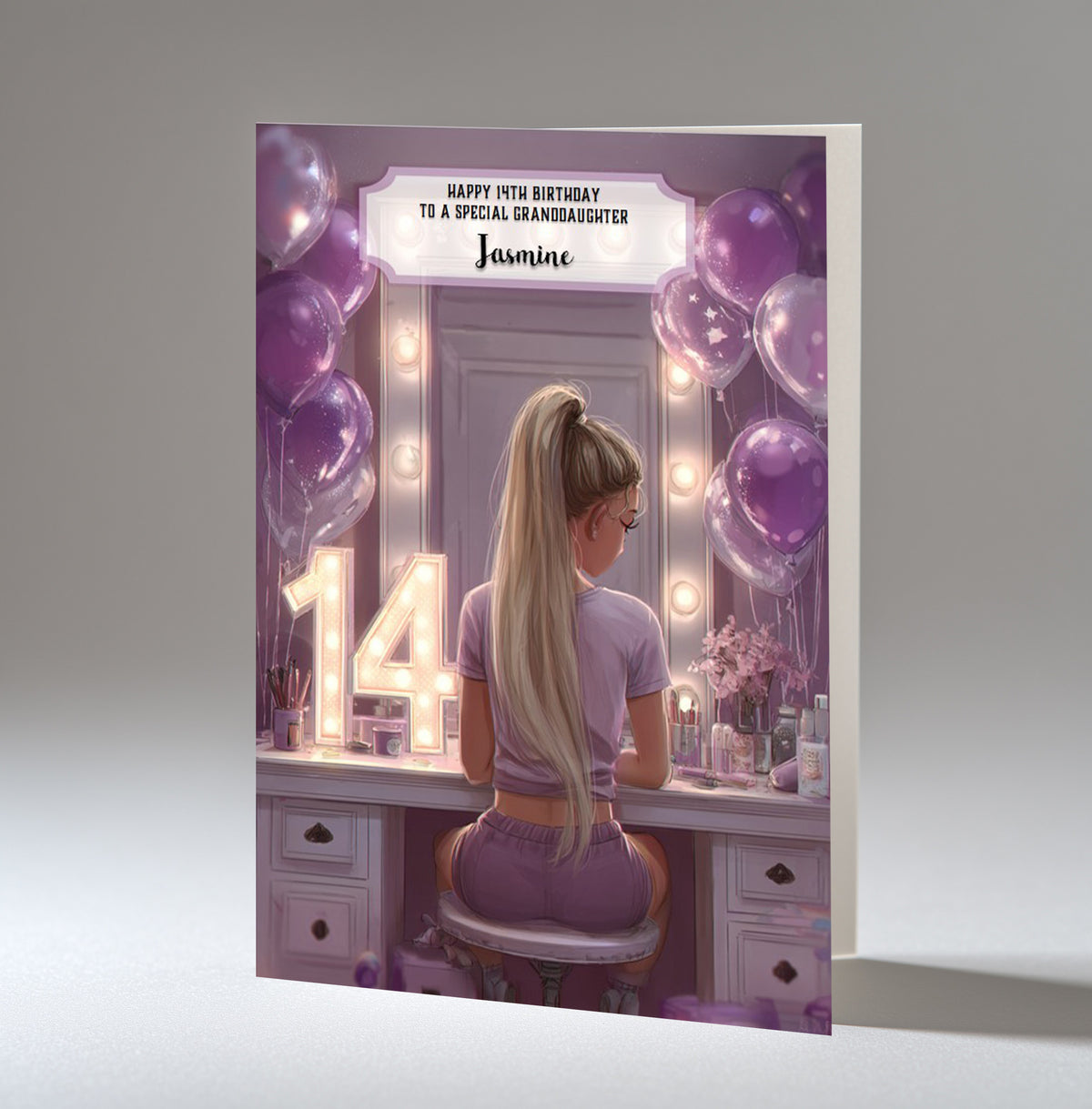 14th Birthday Card For Girls, Granddaughter, Niece, Daughter, Friend, Teenager, Personalised, Dressing Table, Blonde Hair, A5 in size,