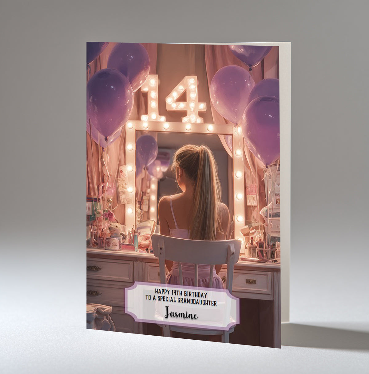 14th Birthday Card For Girls, Granddaughter, Niece, Daughter, Friend, Teenager, Personalised, Dressing Table, Blonde Hair, A5 in size,