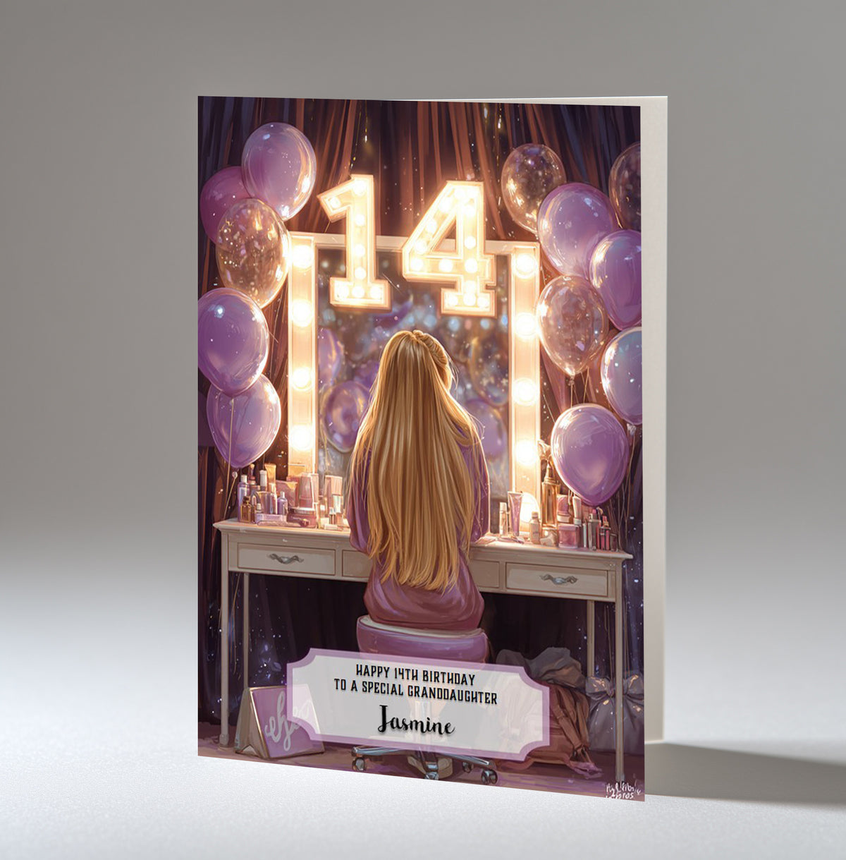14th Birthday Card For Girls, Granddaughter, Niece, Daughter, Friend, Teenager, Personalised, Dressing Table, Blonde Hair, A5 in size,