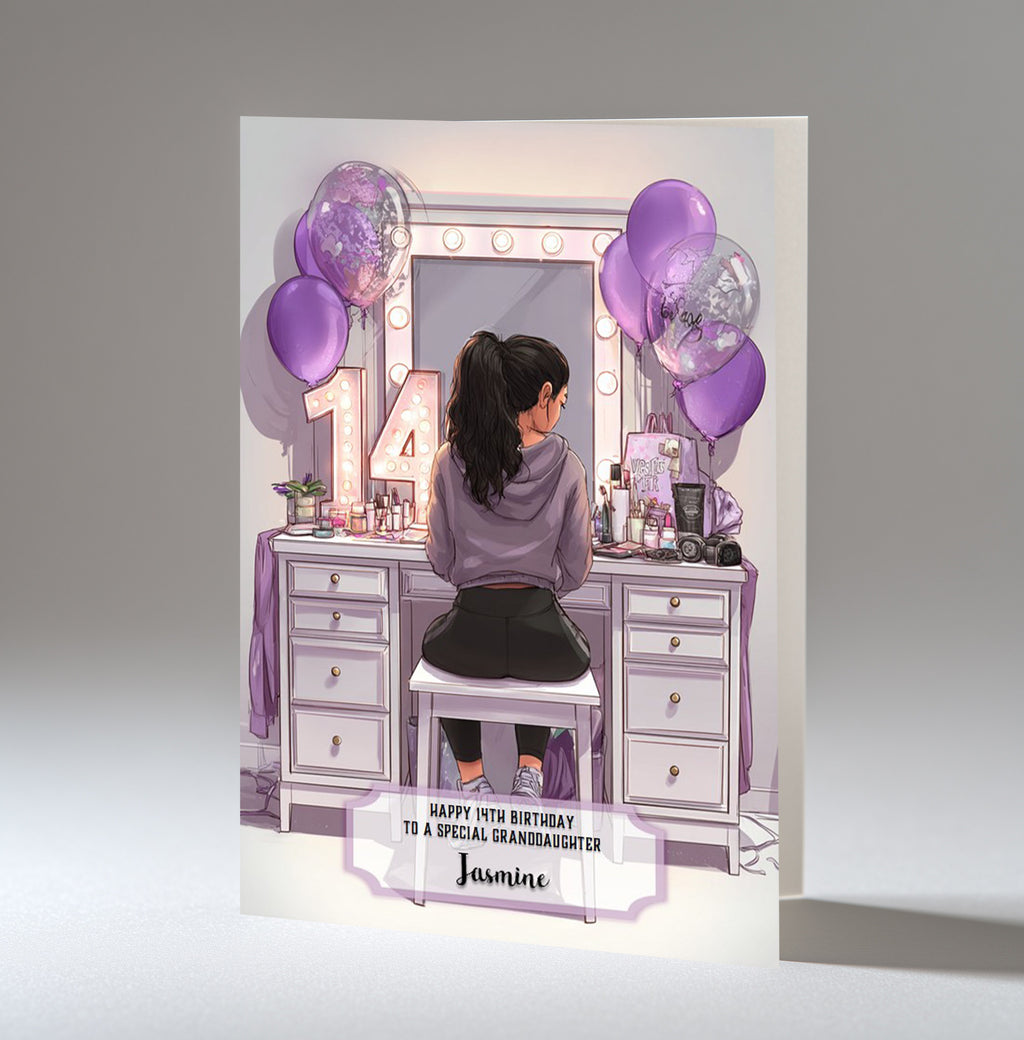 14th Birthday Card For Girls, Granddaughter, Niece, Daughter, Friend, Teenager, Personalised, Dressing Table, Black Hair, A5 in size,
