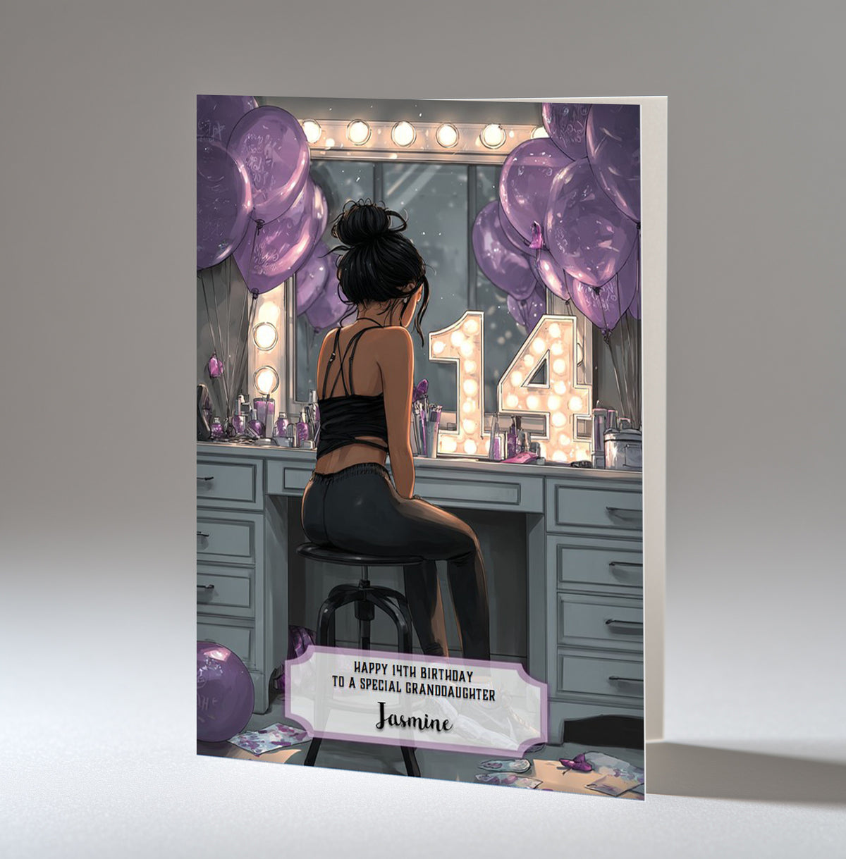 14th Birthday Card For Girls, Granddaughter, Niece, Daughter, Friend, Teenager, Personalised, Dressing Table, Black Hair, A5 in size,