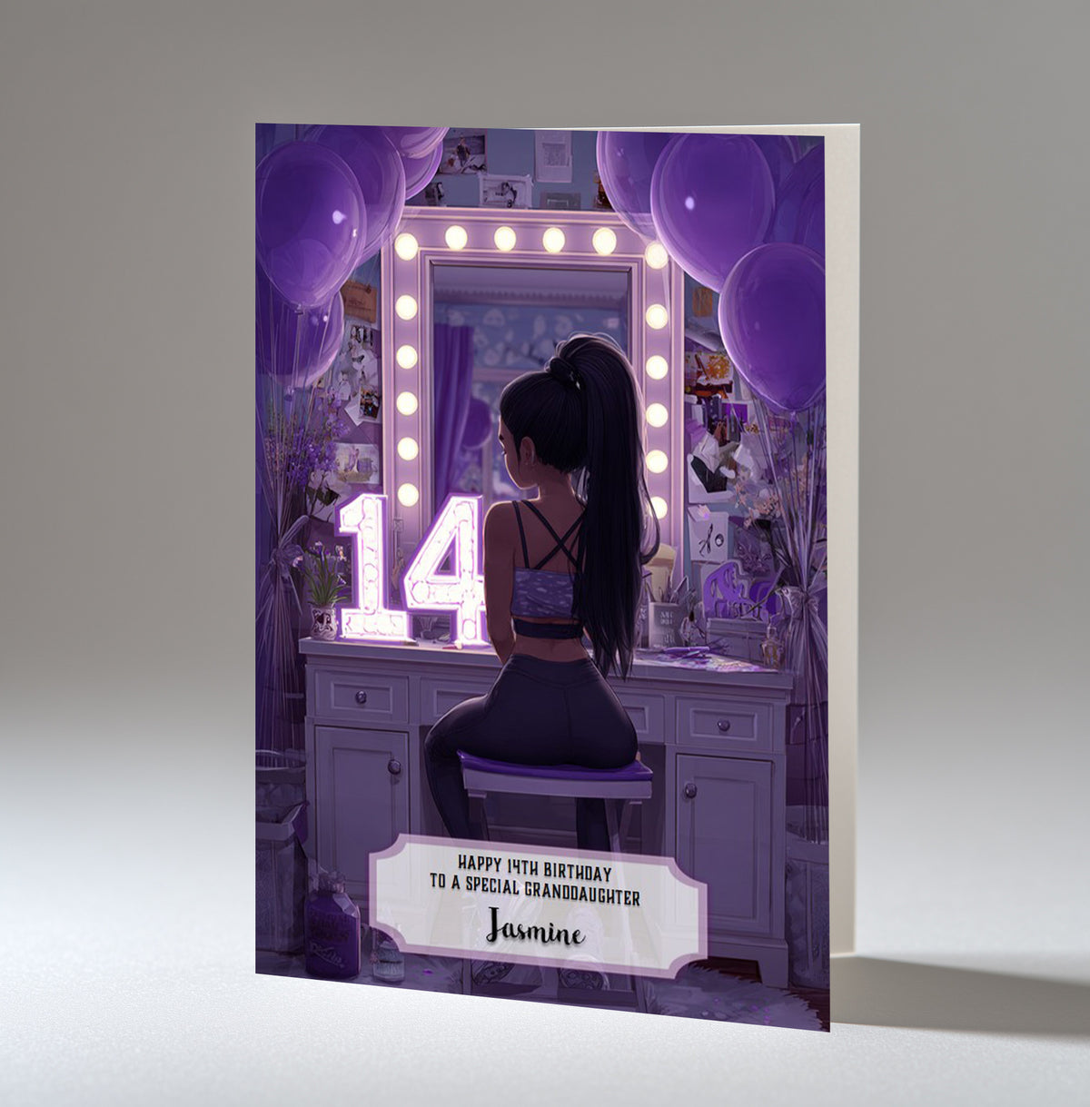 14th Birthday Card For Girls, Granddaughter, Niece, Daughter, Friend, Teenager, Personalised, Dressing Table, Black Hair, A5 in size,