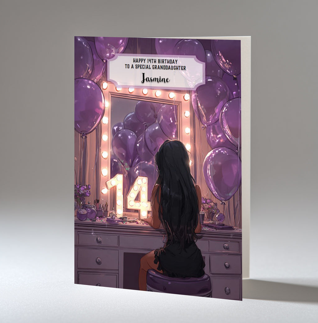 Personalised 14th Birthday Card - Girl at a Dressing Table with Number Lights