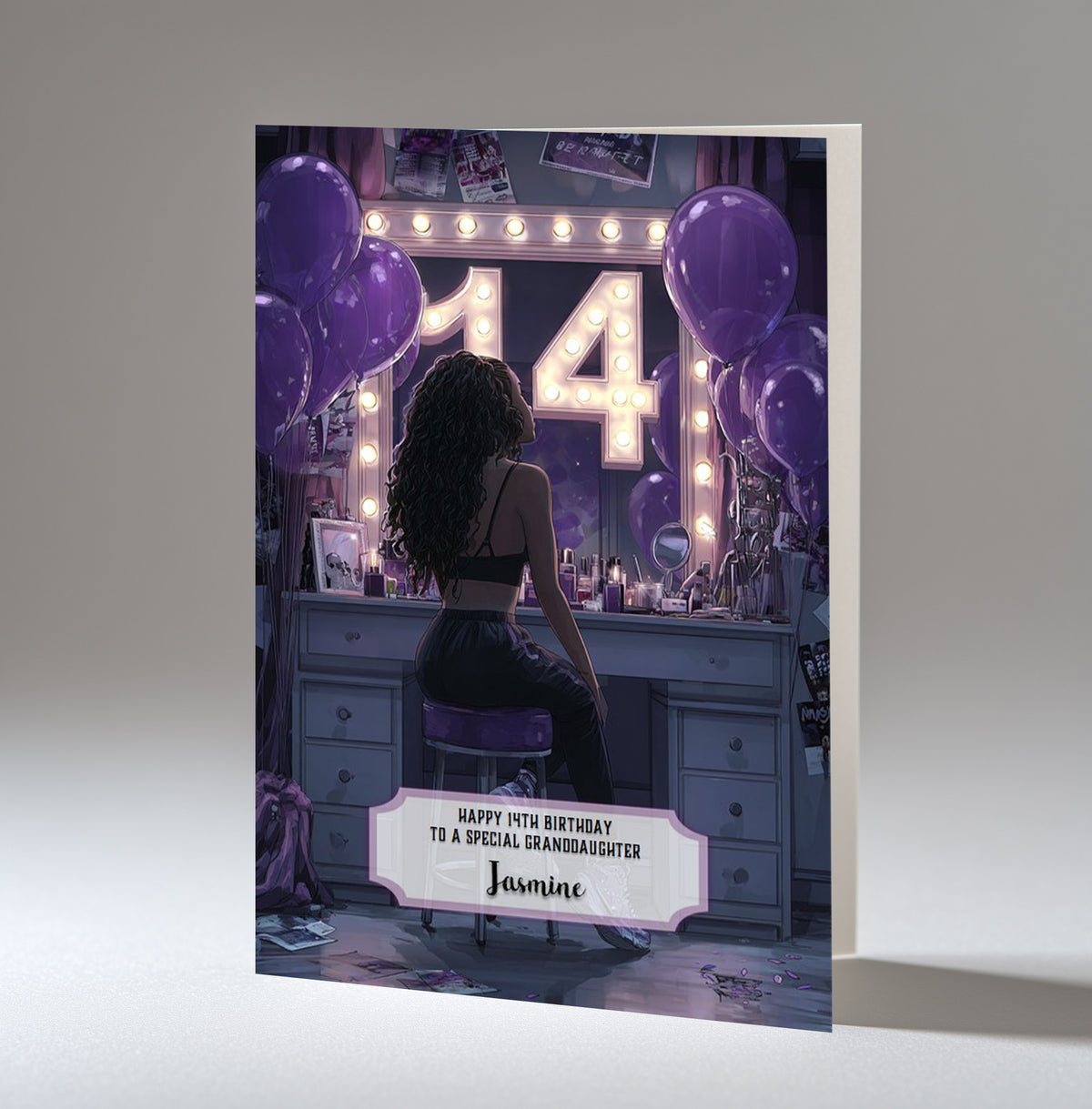 14th Birthday Card Girl, Granddaughter, Daughter Niece, Black Hair A5 Size