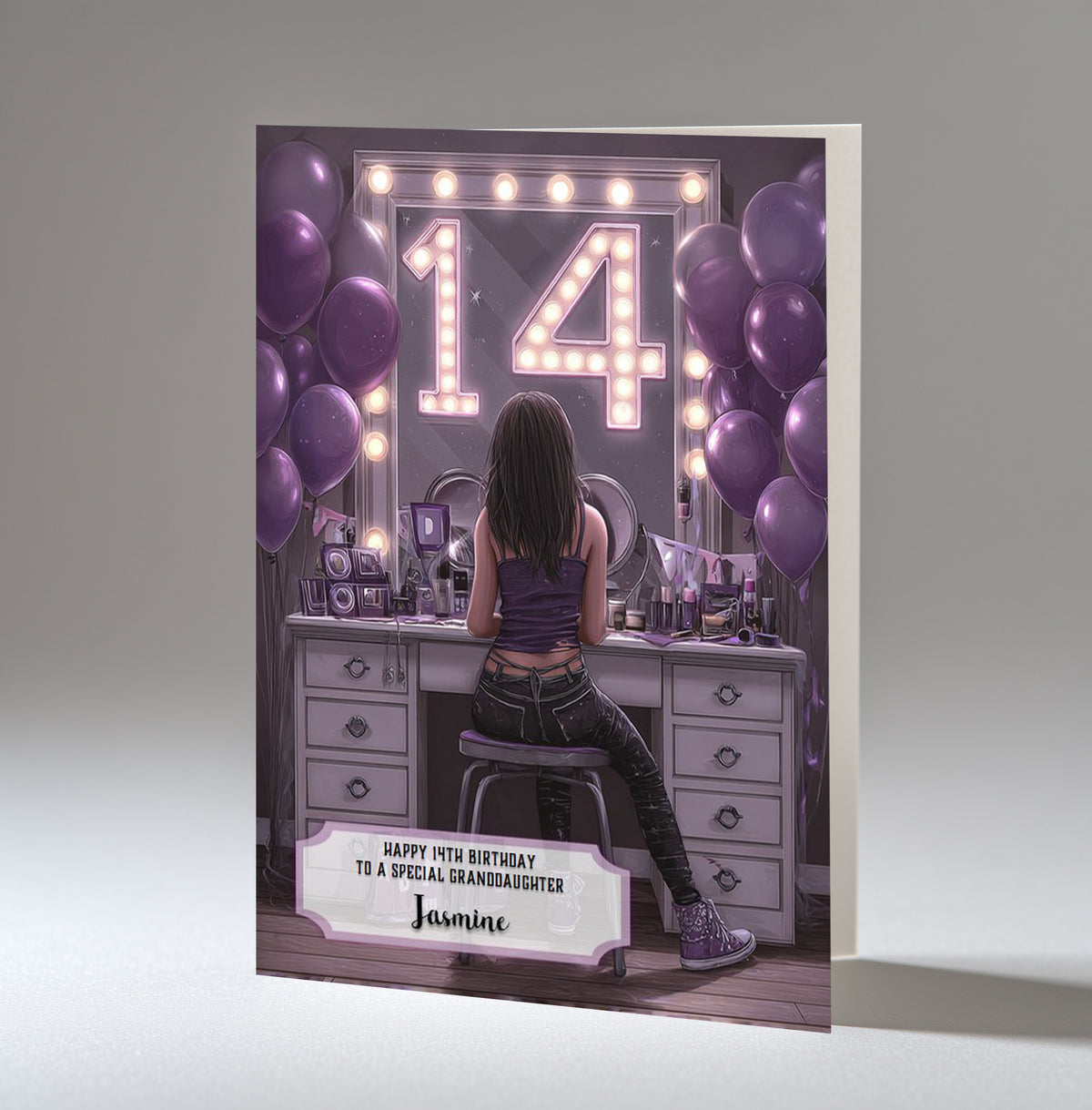 14th Birthday Card Girl, Granddaughter, Daughter Niece, Black Hair A5 Size