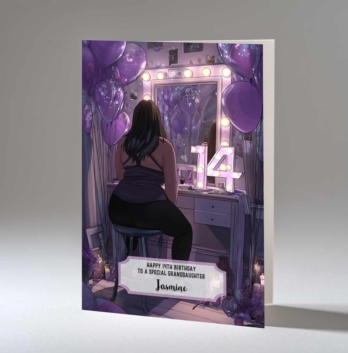 14th Birthday Card For Girls, Granddaughter, Niece, Daughter, Friend, Teenager, Personalised, Dressing Table, Black Hair, A5 in size,