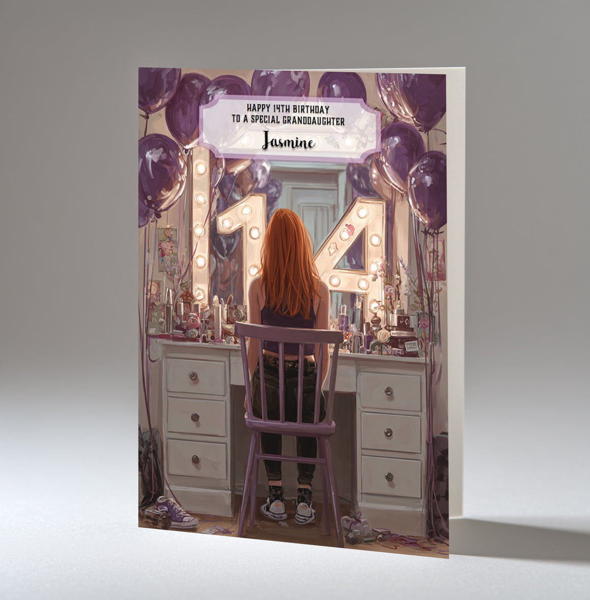 14th Birthday Card For Girls, Granddaughter, Niece, Daughter, Friend, Teenager, Personalised, Dressing Table, Ginger Hair, A5 in size,