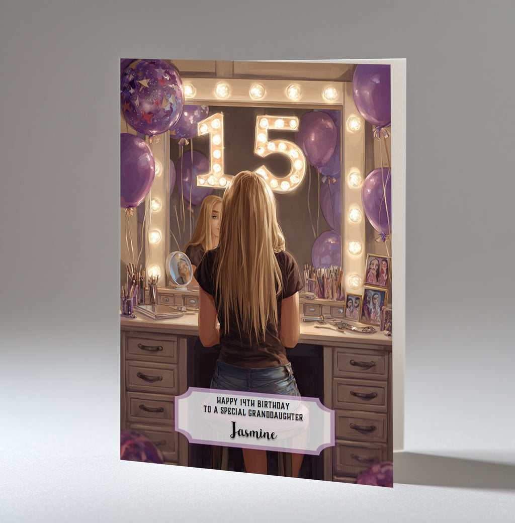 15th Birthday Card For Girls, Granddaughter, Niece, Daughter, Friend, Teenager, Personalised, Dressing Table, Blonde Hair, A5 in size,