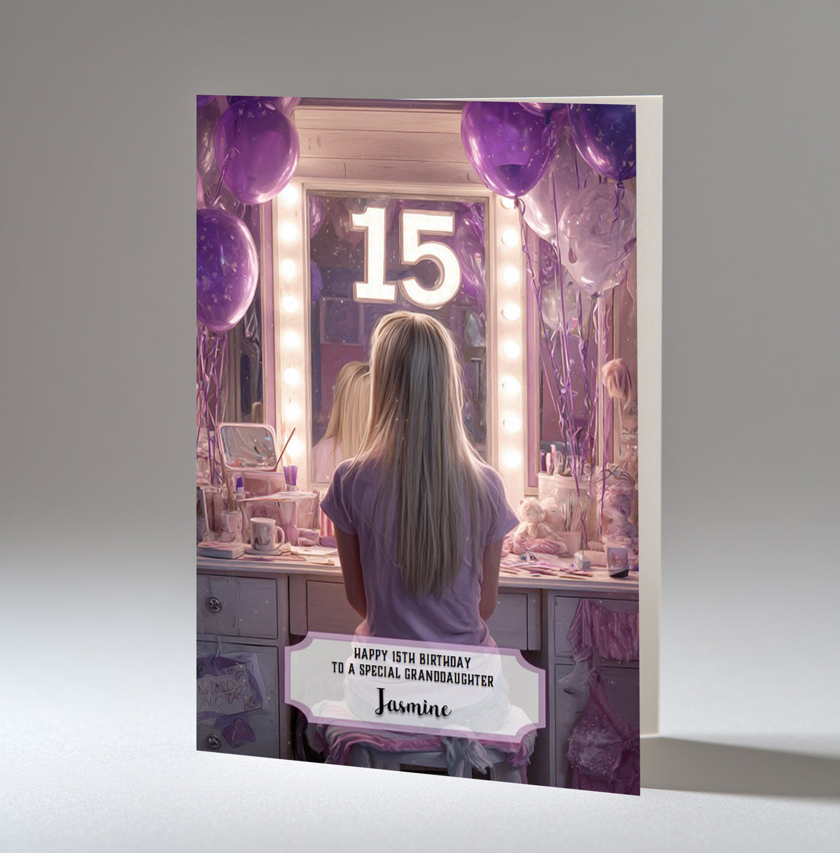 15th Birthday Card For Girls, Granddaughter, Niece, Daughter, Friend, Teenager, Personalised, Dressing Table, Blonde Hair, A5 in size,