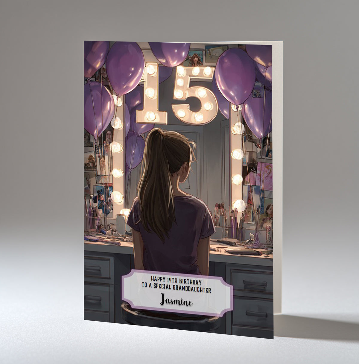 15th Birthday Card For Girls, Granddaughter, Niece, Daughter, Friend, Teenager, Personalised, Dressing Table, Brown Hair, A5 in size,