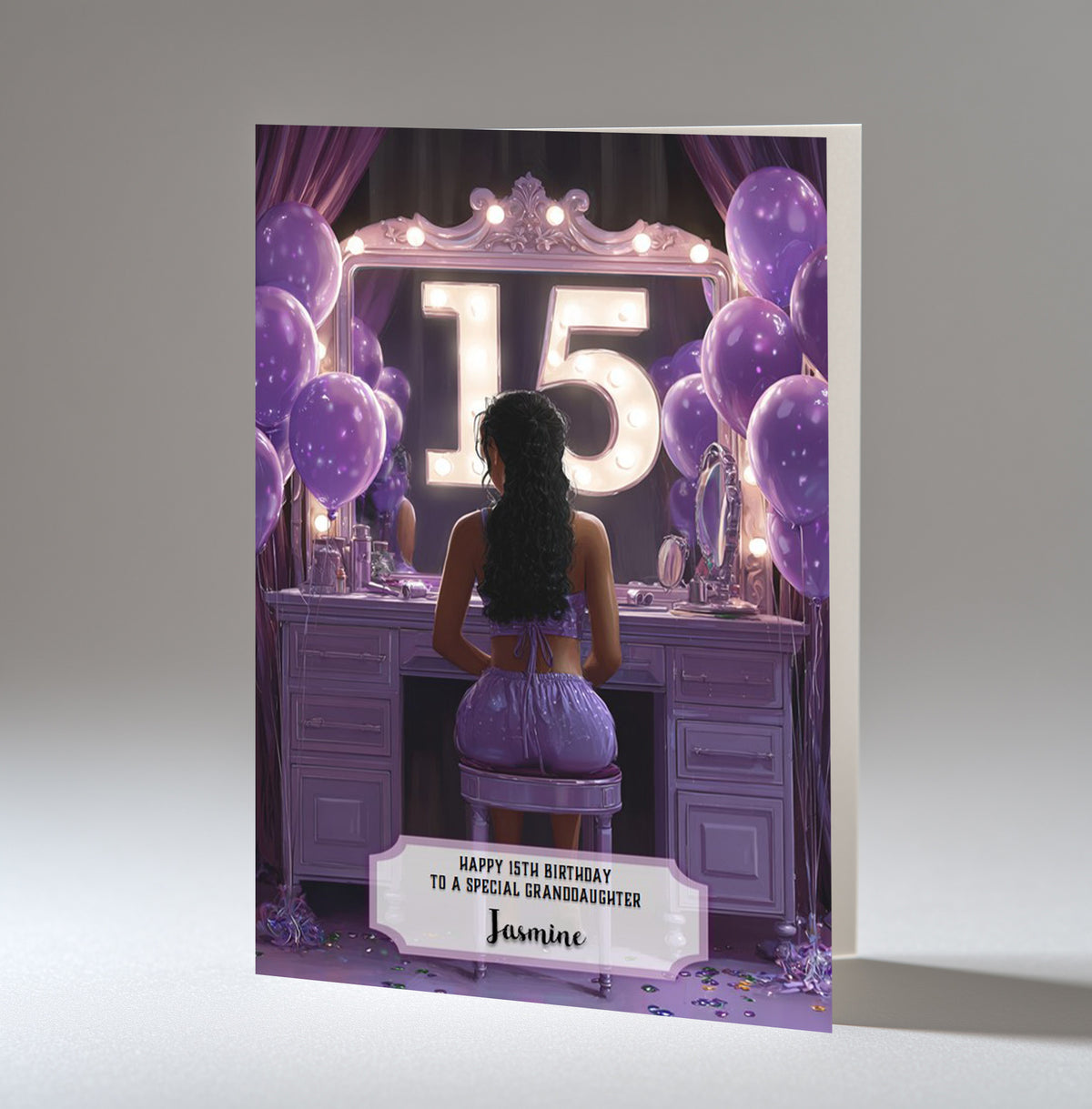 15th Birthday Card For Girls, Granddaughter, Niece, Daughter, Friend, Teenager, Personalised, Dressing Table, Black Hair, A5 in size,