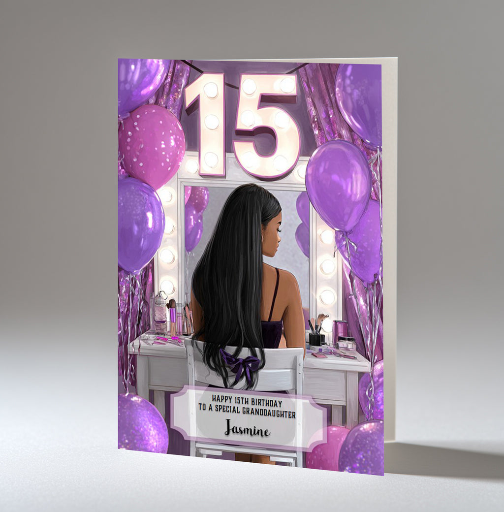 15th Birthday Card For Girls, Granddaughter, Niece, Daughter, Friend, Teenager, Personalised, Dressing Table, Black Hair, A5 in size,