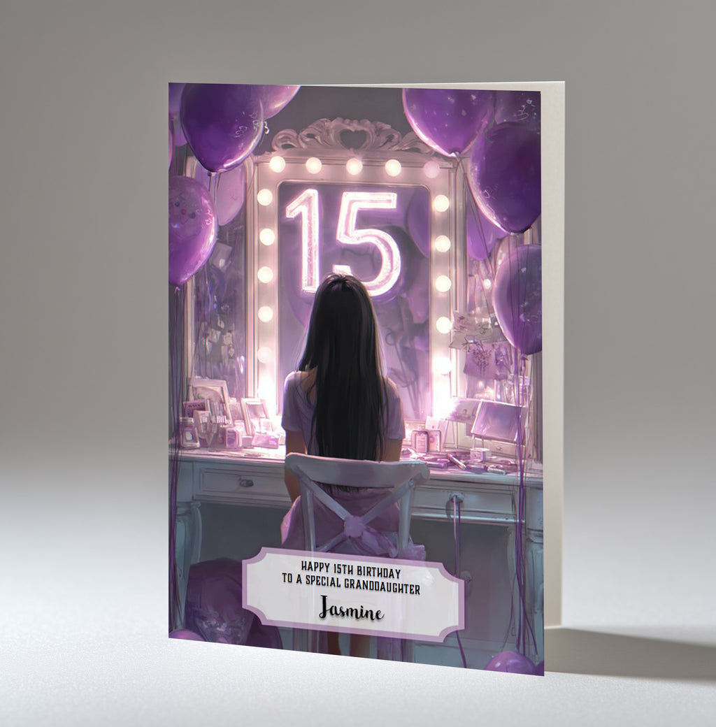 15th Birthday Card For Girls, Granddaughter, Niece, Daughter, Friend, Teenager, Personalised, Dressing Table, Black Hair, A5 in size,
