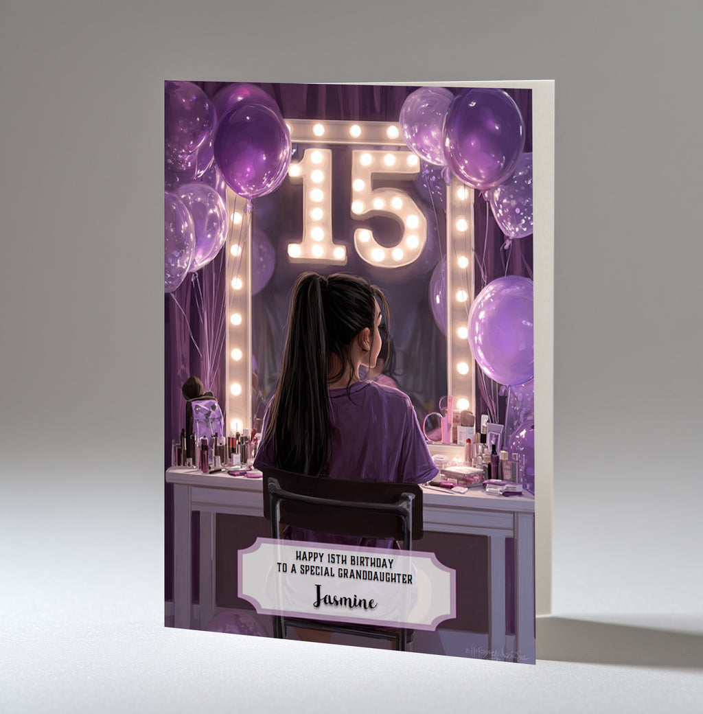 Personalised 15th Birthday Card - Girl at a Dressing Table with Number Lights