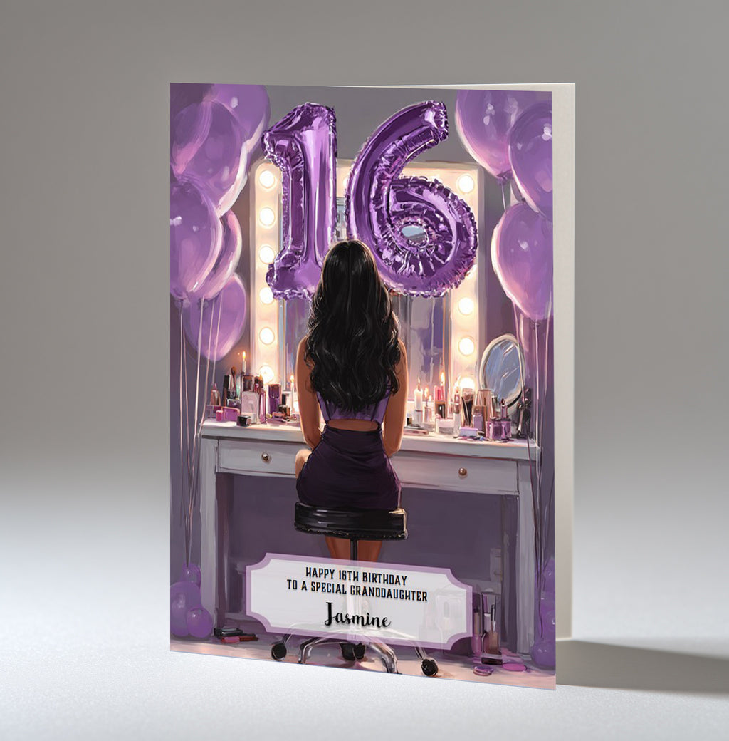 16th Birthday Card Girl, Granddaughter Daughter Niece Black Hair A5 Size