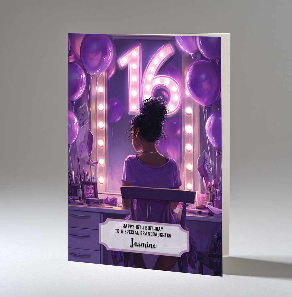 16th Birthday Card For Girls, Granddaughter, Niece, Daughter, Friend, Teenager, Personalised, Dressing Table, Black Hair, A5 in size,