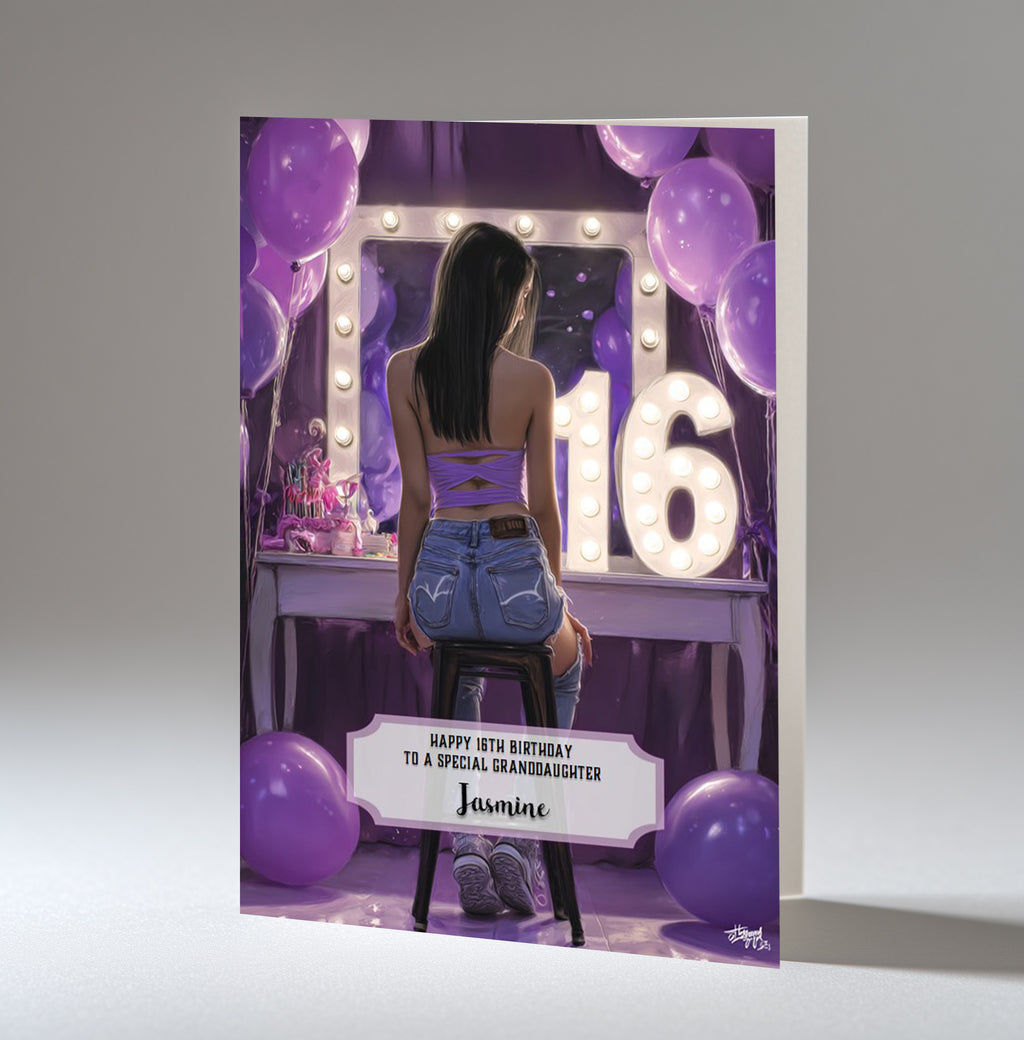 16th Birthday Card For Girls, Granddaughter, Niece, Daughter, Friend, Teenager, Personalised, Dressing Table, Black Hair, A5 in size,