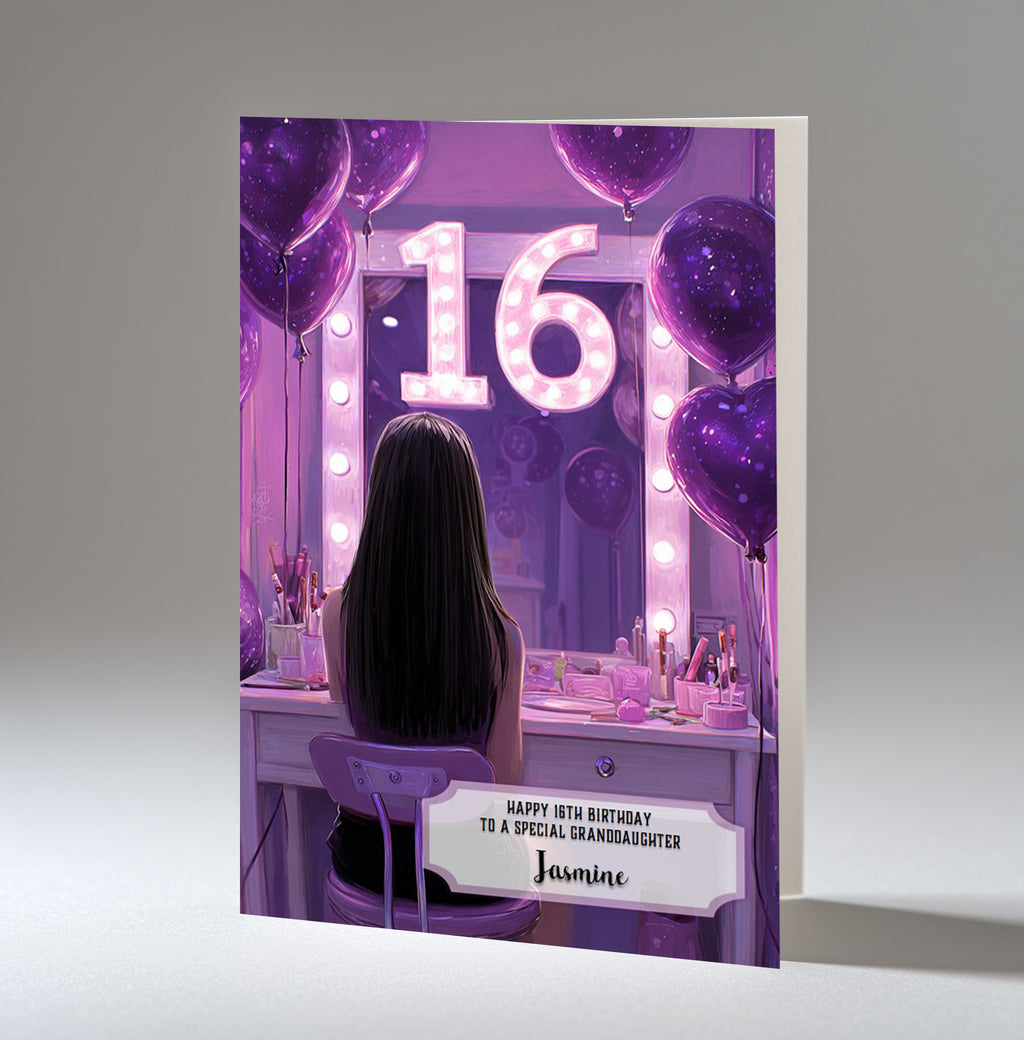 16th Birthday Card For Girls, Granddaughter, Niece, Daughter, Friend, Teenager, Personalised, Dressing Table, Black Hair, A5 in size,