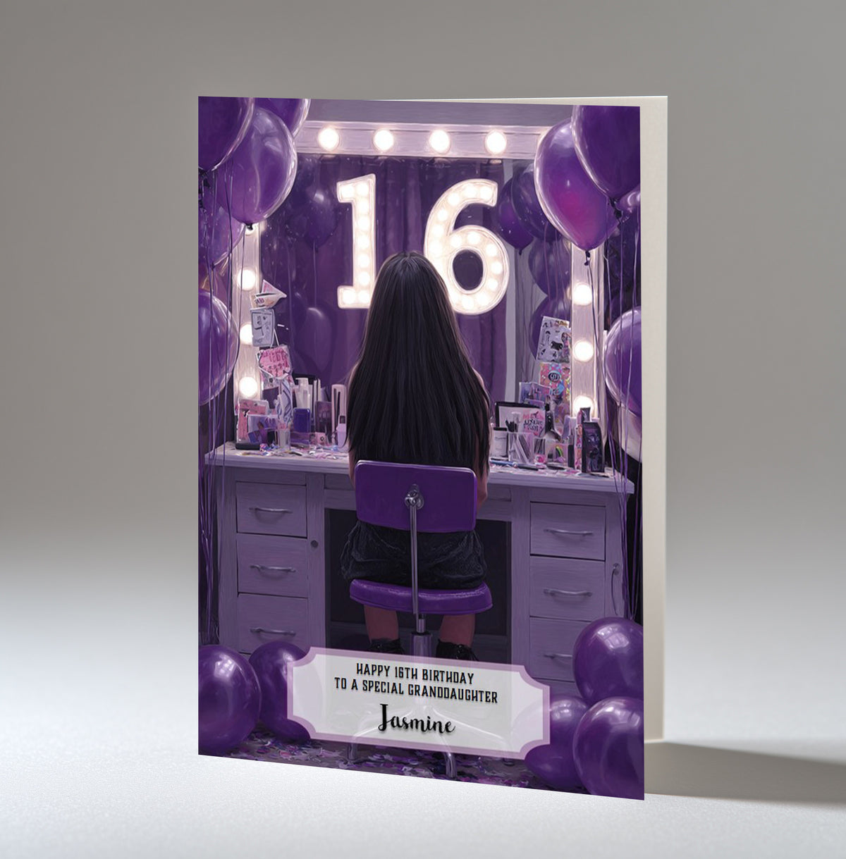 16th Birthday Card For Girls, Granddaughter, Niece, Daughter, Friend, Teenager, Personalised, Dressing Table, Black Hair, A5 in size,